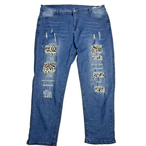 Women’s Distressed Skinny Jeans Leopard Patch Plus Size 4XL Stretch Denim